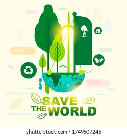 Afiche del concepto ecológico mundial "Save the World Green Concept" para el Día de la Tierra de la Campaña 