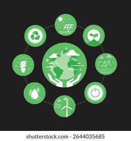 Save the world with ecological circle element icon. Environmental symbol can be used for web, logo, mobile app. vector illustration in flat design. isolated on black background.