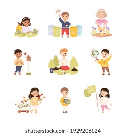 Save the World, Ecology Concept Set, Children Recolectando y clasificando basura, Plantando bolas y cuidando la ilustración de vectores de dibujos animados de la naturaleza