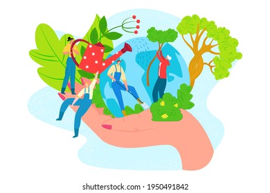 Salvar la ecología mundial, el concepto de medio terrestre ilustración vectorial. Las personas son personajes femeninos en el planeta verde, se preocupan por la naturaleza.
