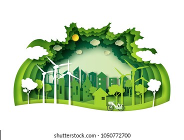 Save the world with ecology and environment conservation concept.Green eco city and urban landscape for green energy paper art style.Vector illustration.