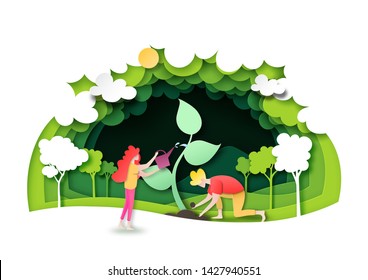 Save the world with ecology and environment conservation concept.People planting green forest with nature landscape background layers paper art style.Vector illustration.