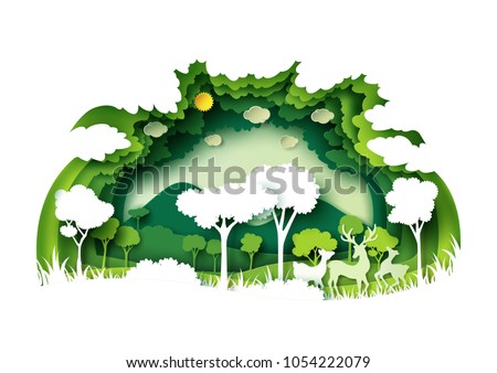 Save the world with ecology and environment conservation concept.Green forest and deers wildlife with nature background layers paper art style.Vector illustration.