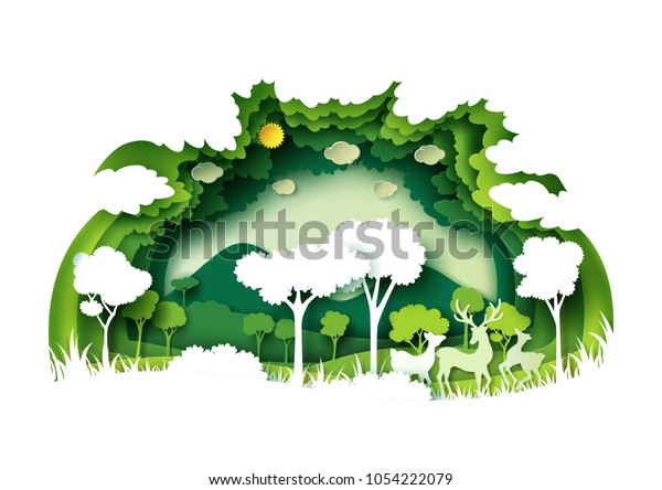 Save the world with ecology\
and environment conservation concept.Green forest and deers\
wildlife with nature background layers paper art style.Vector\
illustration.