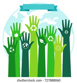 Save world ecology environmental concept. Green hands and blue Planet vector illustration