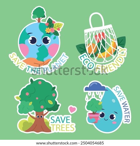 Save the world, ecology plant trees. Earth day stickers in cartoon style. Global world saving posters, ecology and environment care, support plants, trees, water