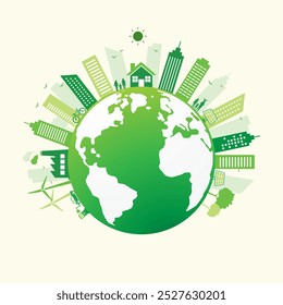 save world ecology e conceito de cidade sustentável sobre fundo branco. dia mundial do meio ambiente. construção de terra verde e energia renovável. ilustração vetorial design plano.