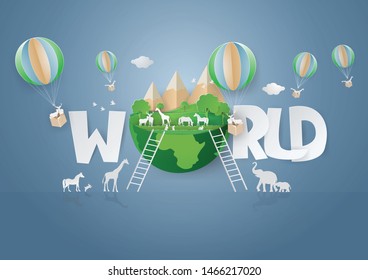 SAVE the World environment and Animals  Wildlife concept with The animals travel from pollution to the green world in green background.paper craft style vector and illustration.
