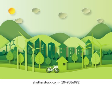 Save the world and environment concept.Eco green city and urban landscape for green energy paper art style.Vector illustration.