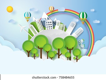 Save the world with environment conservation concept.Paper art style of nature landscape and green eco city of renewable energy.Vector illustration.