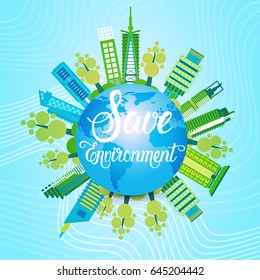 Save World Environment Day Ecology Protection Holiday Greeting Card Flat Vector Illustration