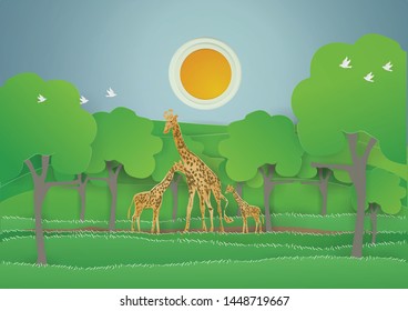 Save World and environment day 
 with GIRAFFE in the  green forest on  Nature,animals,wildlife background style paper craft vector and illustration 