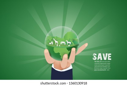 SAVE World environment and Eco earth day card design template  with  Elephant family in world on hand ,paper craft style vector and illustration 