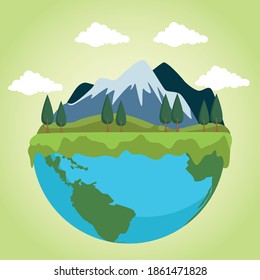 save the world environmental poster with earth planet and landscape vector illustration design