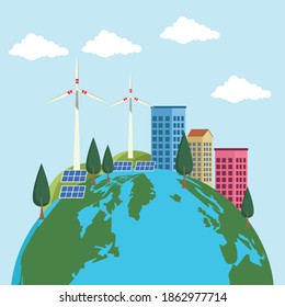 salvar el afiche ambiental mundial con el diseño de ilustraciones vectoriales de los edificios de la tierra y la ciudad