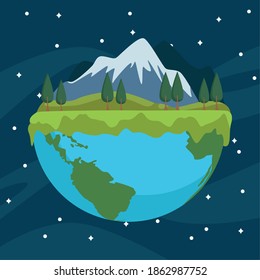 save the world environmental poster with earth planet and landscape at night vector illustration design