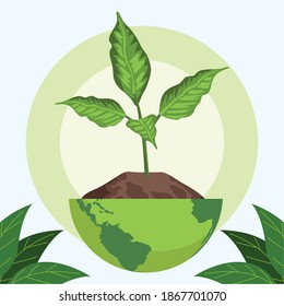 save the world environmental poster with earth planet and plant vector illustration design