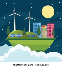 save the world environmental poster with eco city at night vector illustration design