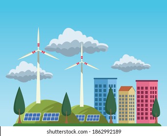 save the world environmental poster with eco city scene vector illustration design