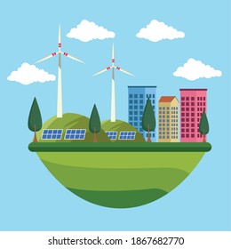save the world environmental poster with eco city vector illustration design