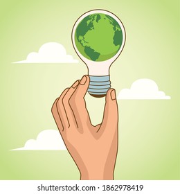 save the world environmental poster with hand lifting earth planet in bulb vector illustration design