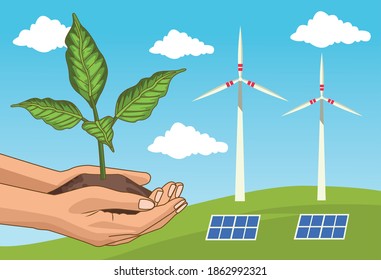 Weltumweltplakat retten mit Händeauftrieb und Energieproduktion Vektorgrafik-Design