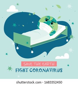 Save The World - Fight Coronavirus. Sick Planet Wearing A Surgical Mask Lying On Hospital Bed By Covid-19 Virus Disease. Earth Day Concept. Flat Vector Illustration