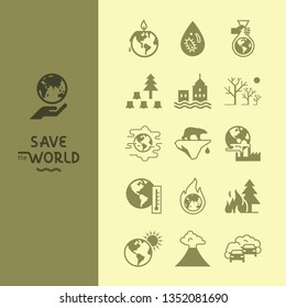 Save the World flat style icon set with lettering. Different variants of environmental icons on the theme of ecology in flat style isolated on background.