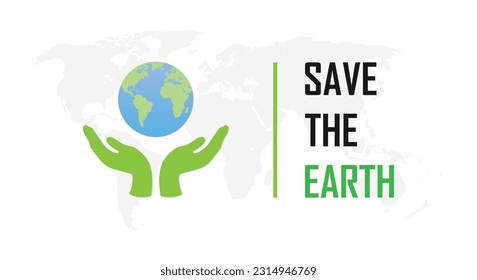 Save the world, global environment day banner with map, green color geometric design with human hand, encourage to protect the earth and planet ecosystem, community awareness and avoid pollution