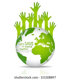 Save the world, Globe with hands. Vector illustration.