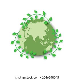 Save the world with green earth and recycle concept.Nature and eco friendly of ecology and environment conservation concept paper art style design.Vector illustration.
