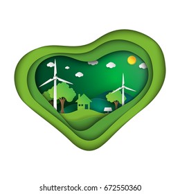 Save the world with green eco friendly concept in heart shape paper art style.Vector illustration