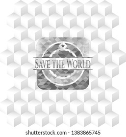 Save the World grey emblem. Retro with geometric cube white background