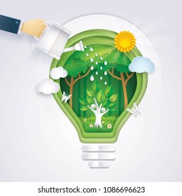 Save the world, Hand of Businessman watering Happy Tree icon Rising in Abstract Light bulb Background, Eco green energy lamp, Ecology, afforest, Convert into forest, Paper art vector and illustration