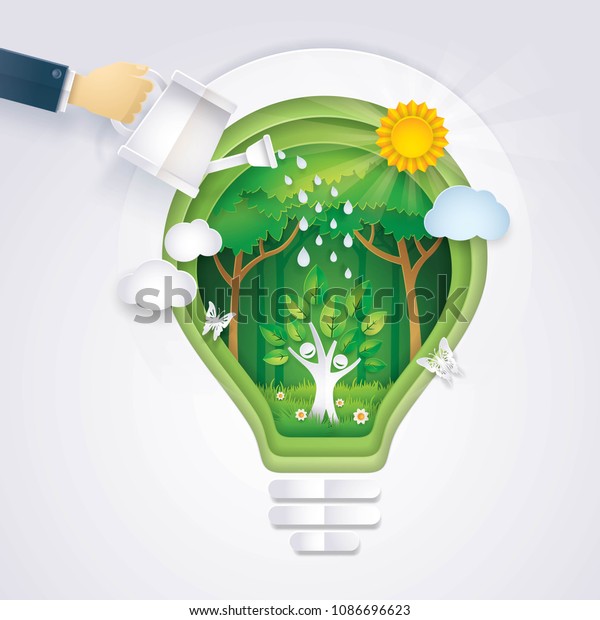 Save the world, Hand of Businessman watering\
Happy Tree icon Rising in Abstract Light bulb Background, Eco green\
energy lamp, Ecology, afforest, Convert into forest, Paper art\
vector and illustration