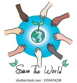 Save the World. Happy world day. Hand Drawn Doodle  Sketch of save world concept. Earth with green leaves. Different international hands of people around earth. 