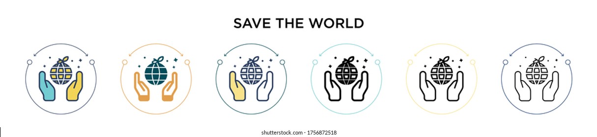 Save the world icon in filled, thin line, outline and stroke style. Vector illustration of two colored and black save the world vector icons designs can be used for mobile, ui, web