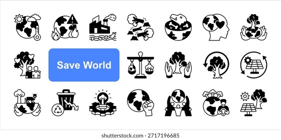 Save World icon set with Climate, Crisis, Sustainability, Renewable, Conservation, Action, Unity simple vector.