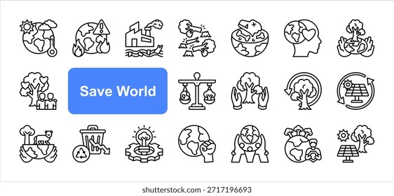 Save World Icon-Set mit Klima, Krise, Nachhaltigkeit, Erneuerbare, Erhaltung, Aktion, Einheit einfache Linie Vektor.