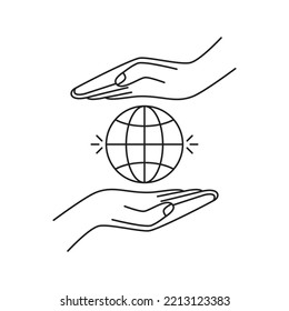 save the world icon with two thin line hands. simple graphic stroke art design abstract element for web and business. concept of modern earth lineart symbol in human arm or minimal planet ball badge