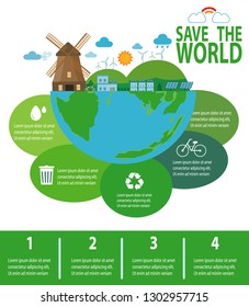 Save the world infographic, save planet, Earth Day,recycling,  Eco friendly, ecology concept, isolated on white background vector illustration