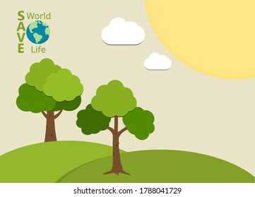 Retten Sie das Lebenskonzept der Welt mit Baum, Wolke, Sonne und Erdlogo, Vektorgrafik, Ökosystem und Umwelt, die für Wallpaper, Banner oder Web verwendet werden können