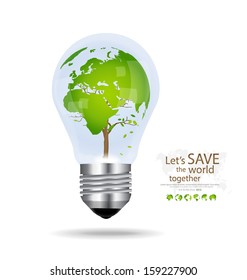 Save the world, Light bulb with tree shaped world map inside. Vector illustration.