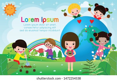 save the world, World Ozone Day, children love for the Earth and care for the environment, save the planet, ecology concept vector illustration isolated on background Template for advertising brochure