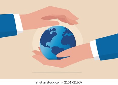 Save the world, peace or ecology, sustainability and environment protection, world care and support concept, businessman hand holding planet earth with care and other hand cover for protection.