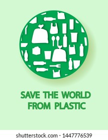 save the world from plastic concept .
for poster , campaign . say no to plastic bags . paper cut and craft style .  