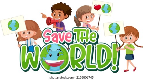 Guardar el diseño de afiches del mundo con niños en ilustración de estilo de caricatura