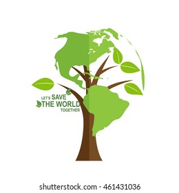 Save the world poster design template with globe and tree. Vector illustration