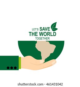 Save the world poster design template with hand holding globe. Vector illustration