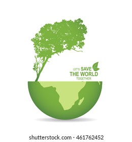 Save the world poster design template with globe and tree. Vector illustration